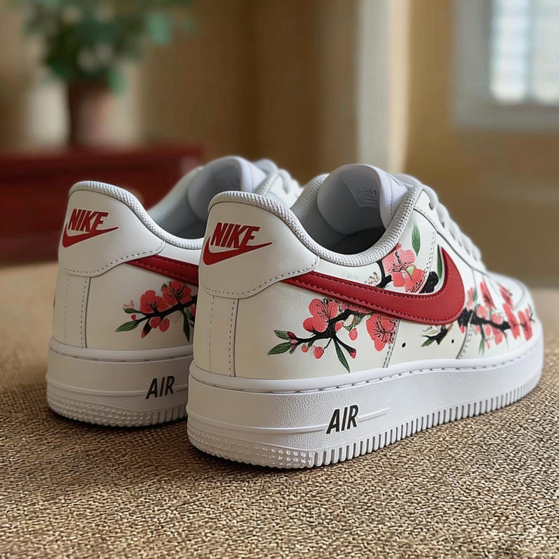 Crimson Bloom Artisan Sneakers - Hand-Drawn Japanese Cherry Blossom AF1 Low - Personalized Aesthetic Gift for Floral Lovers image 6