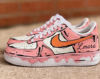 Pink Drip Cartoon Custom Air Force 1 , Personalized Name Sport Shoes，gift for her