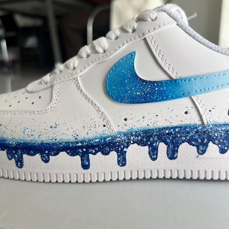 Cyber Cobalt Liquid Motion Sneakers,Hand Painted Gradient Blue Air Force 1, Custom Name Sport Shoes image 3