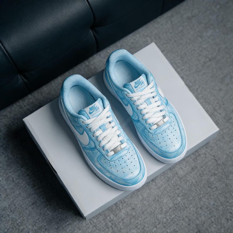 Ethereal Blue Custom AF1,Watercolor Effect Painted Sneakers,Premium Artistic Streetwear,Unique Handcrafted Statement Kicks image 3