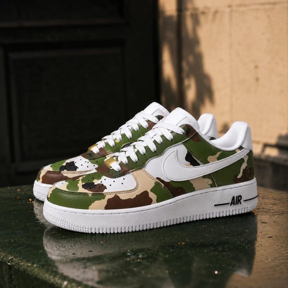 Custom Camo Air Force 1, Handcrafted Suede Military Streetwear Sneakers, Woodland Moss Green & White AF1, Personalized Retro Urban Kicks