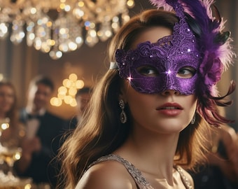Painted lace rhinestone-encrusted side flower feather mask, Christmas party costume eye mask