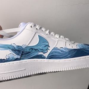 Custom Nike Air Force 1 - Hand Painted Ukiyo-e Great Wave & Fire Sneakers - Elemental Clash AF1, Unique Gift Art image 3
