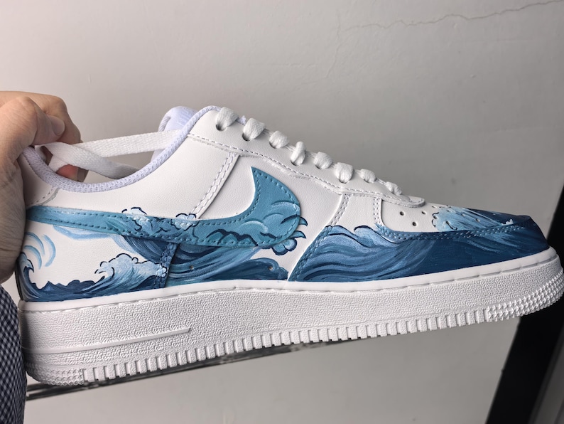 Custom Nike Air Force 1 - Hand Painted Ukiyo-e Great Wave & Fire Sneakers - Elemental Clash AF1, Unique Gift Art image 3