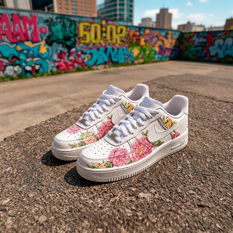 May include: White trainers with a floral design featuring pink peonies and yellow flowers. The shoes have white laces, a white sole, and a Nike swoosh logo on the side. The trainers are on a concrete surface.