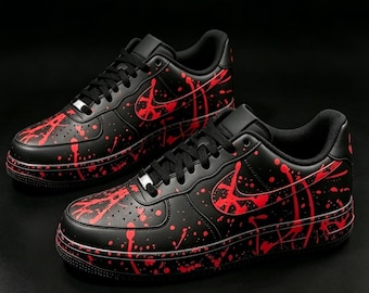Custom Black Air Force 1 Red Splatter - Hand Painted Sneakers,Noir Red Custom Shoes,Gift for him
