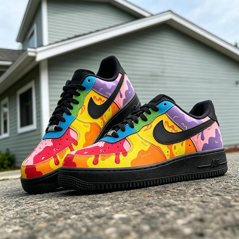 May include: A pair of colorful sneakers with a vibrant rainbow design. The shoes feature a black sole, black laces, and a black Nike swoosh. The upper part of the shoes has a mix of red, orange, yellow, green, blue, and purple colors.