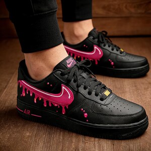 Custom AF1 Melting Pink Drip Sneakers,Black Leather Streetwear Shoes,Hand-Painted Cyberpunk Sneakers for Her image 5