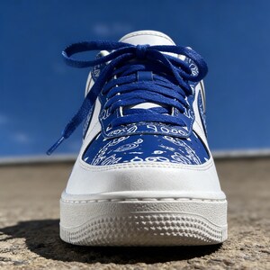 May include: White and blue athletic shoe with a paisley pattern on the side panels. The shoe has blue laces and a white sole. The background is a clear blue sky.