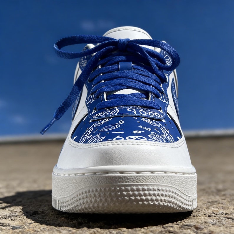 May include: White and blue athletic shoe with a paisley pattern on the side panels. The shoe has blue laces and a white sole. The background is a clear blue sky.