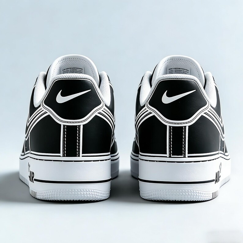 May include: Pair of black and white sneakers, viewed from the back. The shoes feature a black upper with white accents, including the Nike swoosh logo and outlining details. The white soles have "AIR" printed on the side.