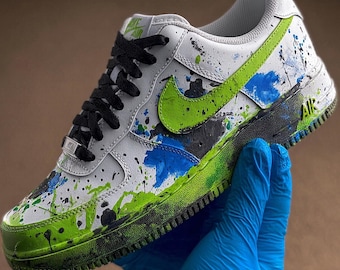 Blue & Green Custom AF1,Street Art Custom Sneakers ,Multi-colored Splatter Air Force 1s,Gift for him
