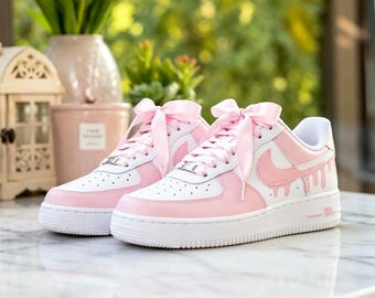 Custom Pink AF1 Sneakers,Hand-Painted Pink Drip Ribbon Kicks,Pastel Dream Custom Design,gift for her