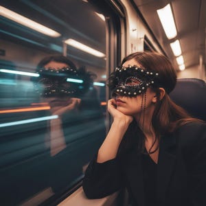 Puede incluir: Una persona con una máscara negra con detalles de perlas blancas y flecos de cuentas negras, sentada en un tren. La máscara se refleja en la ventana, junto con rayas de luz del paisaje.