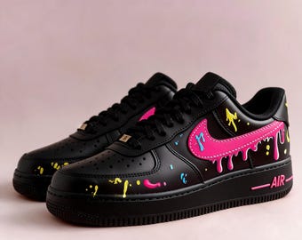 Custom Black&Pink Air Force 1, Hand Painted Streetwear Sneakers, Custom Drip Air Force 1, Hand Painted Shoes for Women or Men