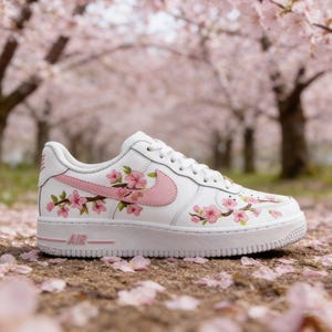 The Peach Orchard Custom AF1,Hand-Painted Romantic Blossom Sneakers , Delicate Soft Pink Petals & Spring Greenery Art image 1