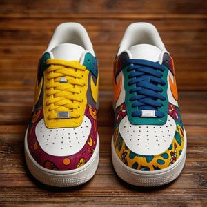 Urban Doodle Asymmetric Custom AF1 - Tênis Pop Art vibrantes pintados à mão - Tênis streetwear únicos e ousados com cores diferentes. imagem 5