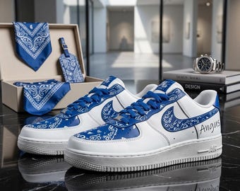 Custom Blue AF1,Hand-Painted Sports Sneakers, Blue and White Air Force 1,Gift for him