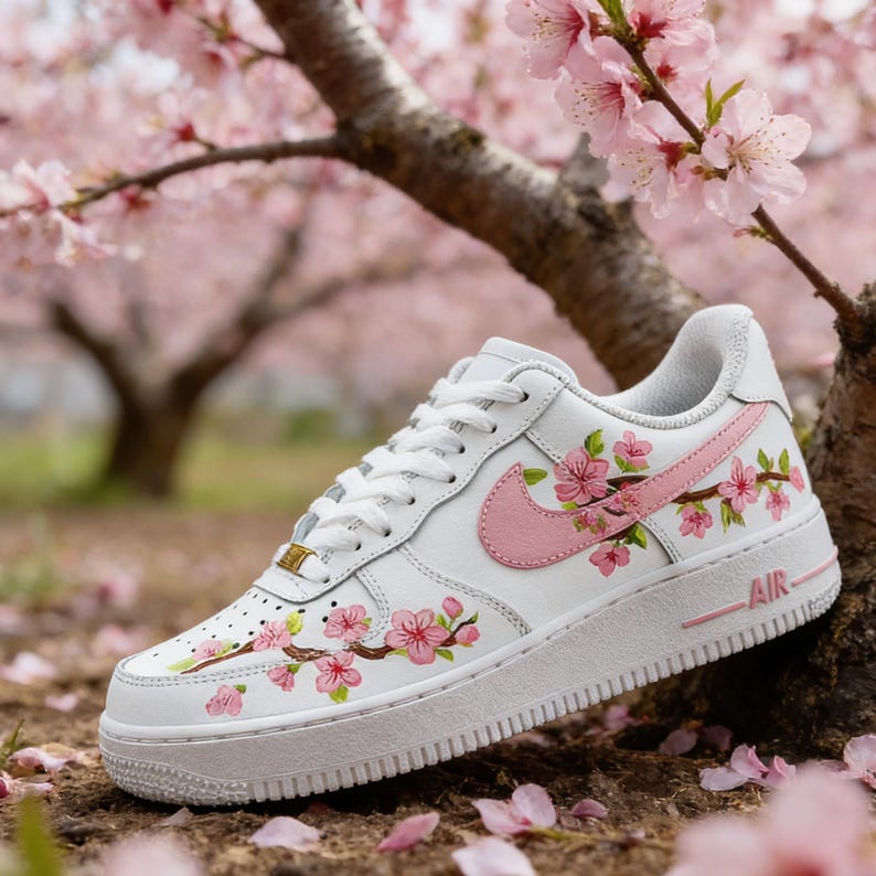 The Peach Orchard Custom AF1,Hand-Painted Romantic Blossom Sneakers , Delicate Soft Pink Petals & Spring Greenery Art image 2