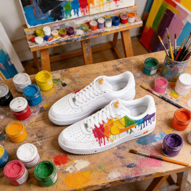 May include: A pair of white sneakers with colorful paint splatter designs. The shoes are surrounded by paint jars, brushes, and art supplies on a wooden surface, suggesting an art or DIY theme.
