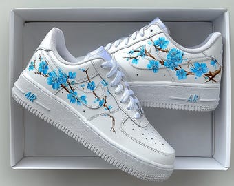 Custom Hand-Painted Sports Sneakers,Blue Flowers Custom Nike Air Force 1