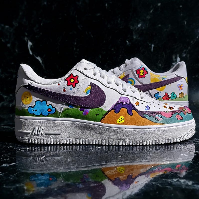 Handmålade specialdesignade AF1 "Fairytale Meadow"-sneakers, färgglada tecknade skor, nyckfulla klotterkonst-kicks för henne, unik konstnärlig gåva bild 1