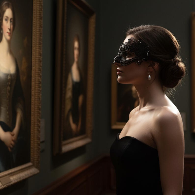 Op de afbeelding: Een vrouw met een zwart kanten masker en een strapless zwarte jurk staat in een kunstgalerie. Ze kijkt naar een schilderij. De galerij heeft donkergroene muren en verschillende ingelijste schilderijen.