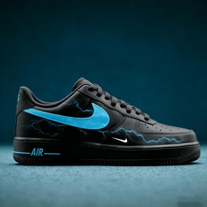 May include: Black and blue Nike Air Force 1 sneakers with a lightning bolt design. The sneakers feature a black base with a large blue Nike swoosh and blue lightning bolt graphics. The word "AIR" is printed in blue on the side.