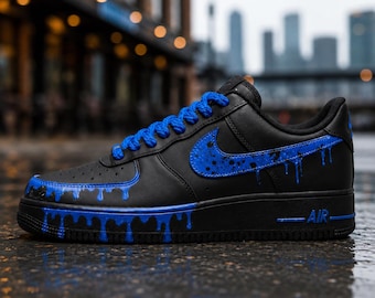 Black&Blue Drip Shoes,Splash Drip Shoes Streetwear,Stacked Liquid Drip AF1 with Rope Laces