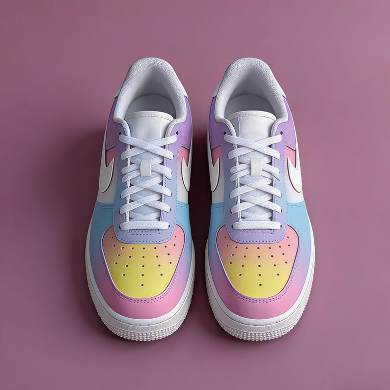 Pastel Dreamscape Custom Sneakers, Hand-Painted Gradient Ombre AF1, Whimsical Unicorn Aesthetic Shoes for Creative Souls，gift for her image 4