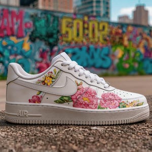 Blooming Peony Hand-Painted Custom AF1 - Detailed Botanical Garden Art Sneakers - Whimsical Floral Statement Shoes for Her image 1