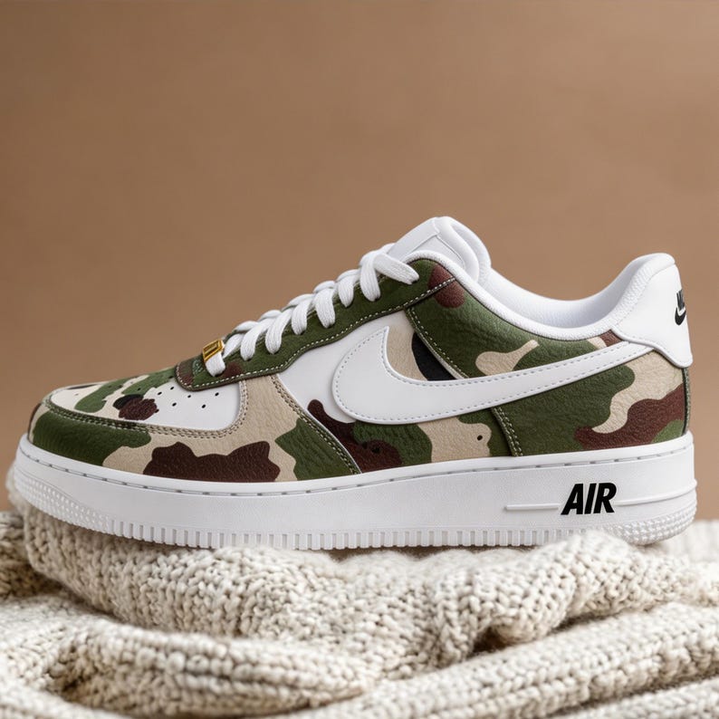Custom Camo Air Force 1, Handcrafted Suede Military Streetwear Sneakers, Woodland Moss Green & White AF1, Personalized Retro Urban Kicks image 2