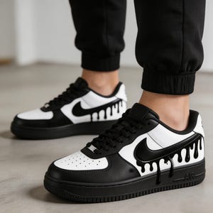 Custom Drip Air Force 1, Hand-Painted Liquid Ink Streetwear Sneakers, Black & White Panda AF1 Art, Edgy Urban Graffitied Kicks, Unique Gift image 5