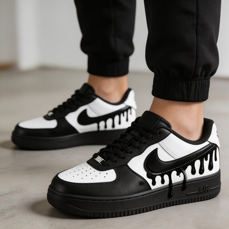Custom Drip Air Force 1, Hand-Painted Liquid Ink Streetwear Sneakers, Black & White Panda AF1 Art, Edgy Urban Graffitied Kicks, Unique Gift image 5