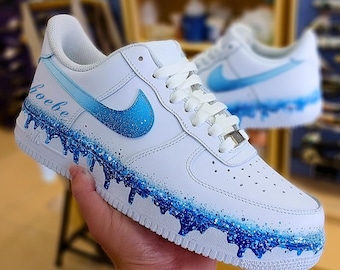 Hand Painted Gradient Blue Air Force 1, Custom Name Sport Shoes