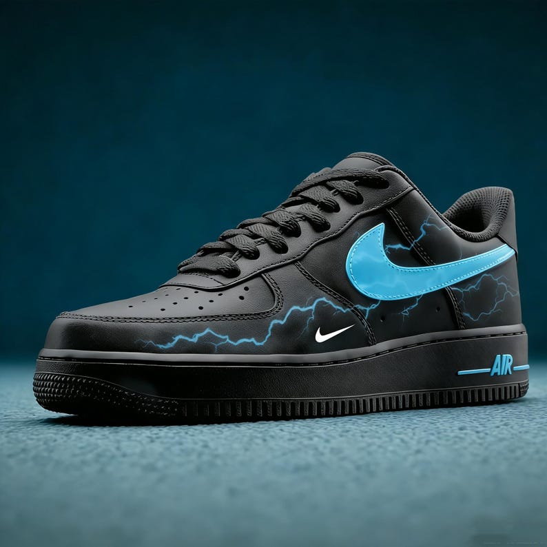 Electric Ice Lightning Custom Nike Air Force 1,Hand-Painted "Midnight Storm" Black Sneakers - Cyberpunk Streetwear Art,Unique Gift for Him image 1