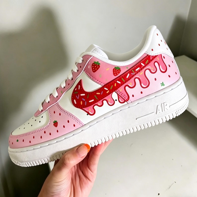 May include: White and pink Air Force 1 sneakers with a strawberry theme. The sneakers feature a white base with pink accents, including strawberry graphics and a dripping design. The Nike swoosh is red with colorful sprinkles.