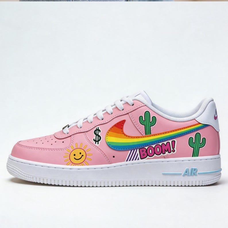 May include: Pink Air Force 1 sneaker with white laces and sole. Features a rainbow swoosh, cactus, sun, and "BOOM!" graphic. Includes a dollar sign and "AIR" text.