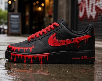 Black&Red Drip Shoes Custom,Splash Drip Shoes Streetwear,Red Rope Lace Sneakers,Graduation Gift for Him