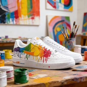 May include: White sneakers with a rainbow-colored paint drip design. The shoes have a yellow Nike swoosh and the word "AIR" in blue. Paint splatters and jars of paint surround the shoes, suggesting an art theme.