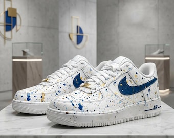 Hand-Painted Blue &Gold Drip Air Force 1 Sneakers,Custom Splash Shoes,Gift for him
