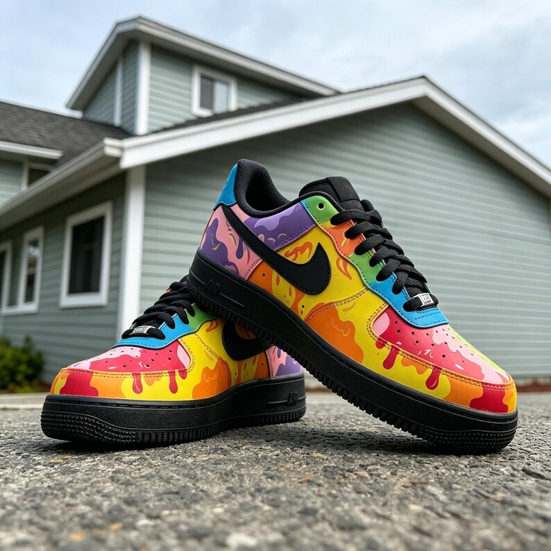 May include: A pair of colorful Nike Air Force 1 sneakers. The shoes feature a vibrant design with a black sole, laces, and swoosh. The upper is decorated with a rainbow-colored drip pattern, creating a bold and eye-catching look.