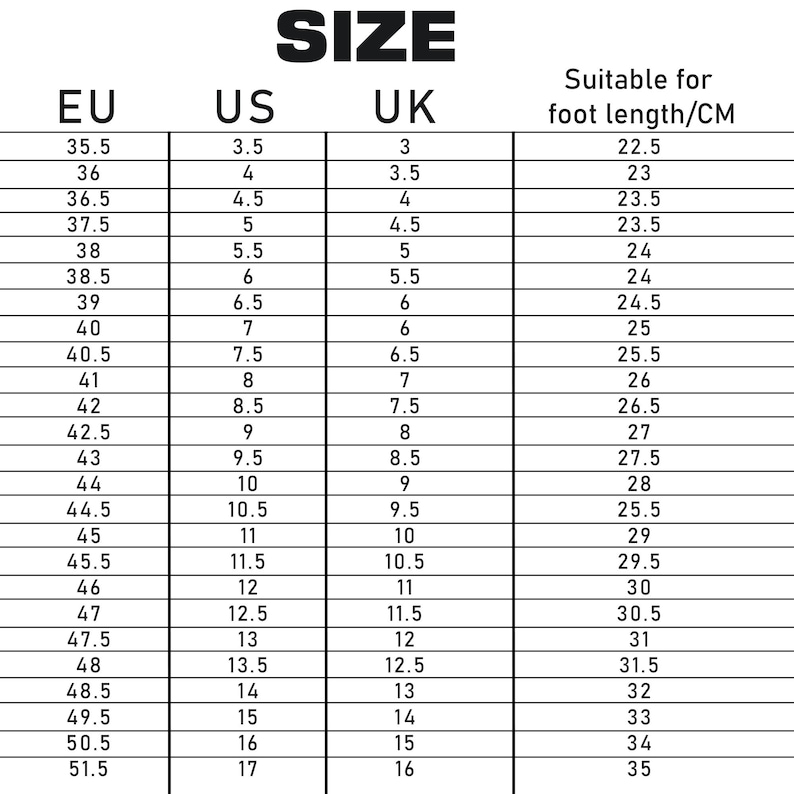 Może przedstawiać: Tabela przeliczania rozmiar&oacute;w but&oacute;w z rozmiarami EU, US i UK, wraz z odpowiadającymi im długościami stopy w centymetrach. Tabela zaczyna się od rozmiaru EU 35,5 (US 3,5, UK 3) i kończy na rozmiarze EU 51,5 (US 17, UK 16).
