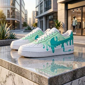 May include: White and teal sneakers with a unique drip design. The shoes feature a teal swoosh and dripping paint effect on the upper, with the word "AIR" in teal on the side. The sneakers are displayed on a marble surface.