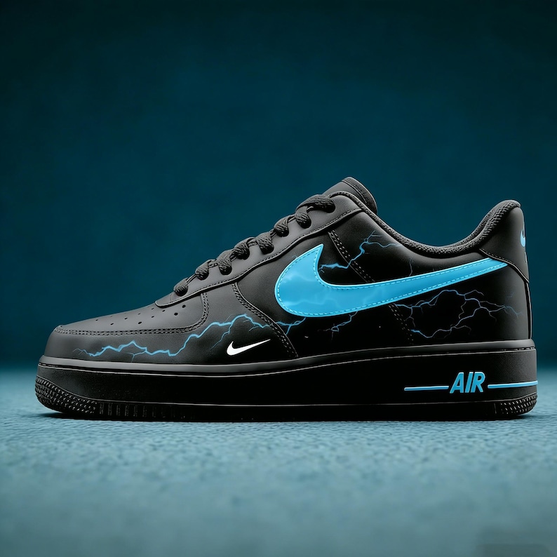 Electric Ice Lightning Custom Nike Air Force 1,Hand-Painted "Midnight Storm" Black Sneakers - Cyberpunk Streetwear Art,Unique Gift for Him image 2