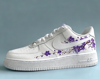 Purple Sakura Custom Air Force One,Delicate Purple Floral & Ink-Wash Branch Sneakers,gift for her