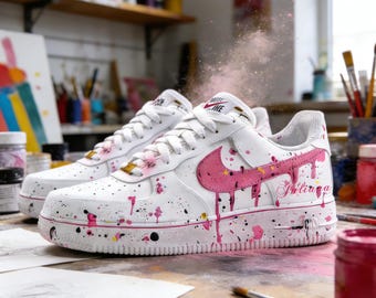 ハンドペイントのピンクのドリップシューズ、カスタムエアフォース1、彼女へのプレゼント