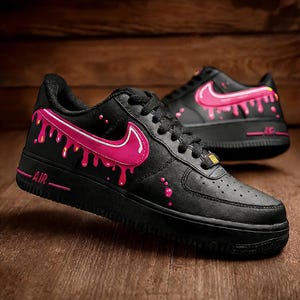 Custom AF1 Melting Pink Drip Sneakers,Black Leather Streetwear Shoes,Hand-Painted Cyberpunk Sneakers for Her image 1