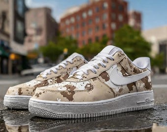 Custom Nike Air Force 1 Desert Camo, Distressed Paint Splatter AF1 Sneakers, Earth Tone Khaki Brown Streetwear Shoes, Unique Gift for him