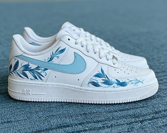 The Azure Garden Custom AF1 ,Hand-Painted Blue Botanical Sneakers, Delicate Vine & Leaf Art,Bespoke Porcelain Aesthetic